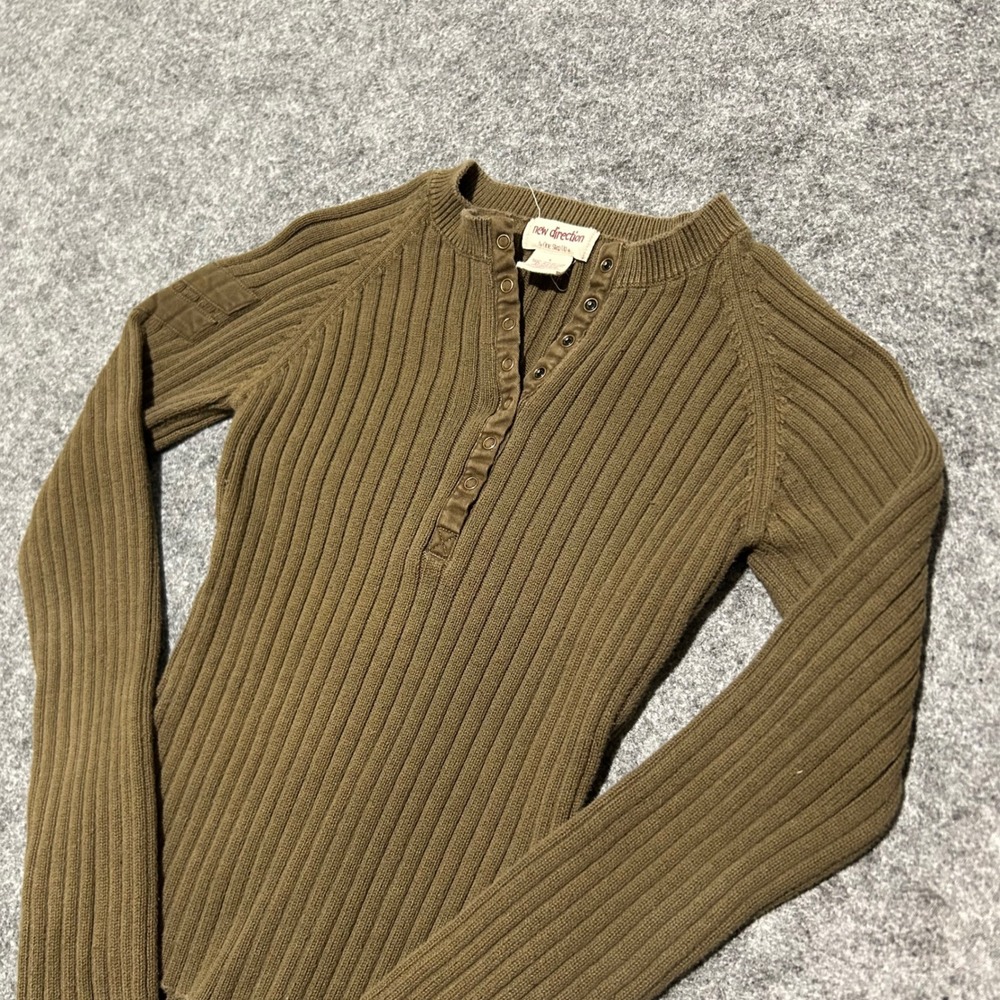 New Direction Ribbed Henley‎ Sweater Brown Olive Snap Neck Size Large